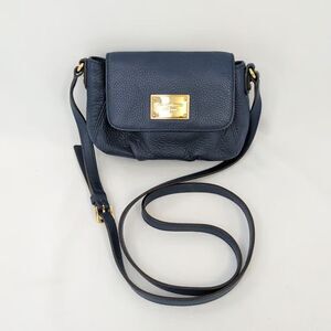 Michael Kors Flap Crossbody Bag Navy Blue Pebbled Leather Small Gold Hardware